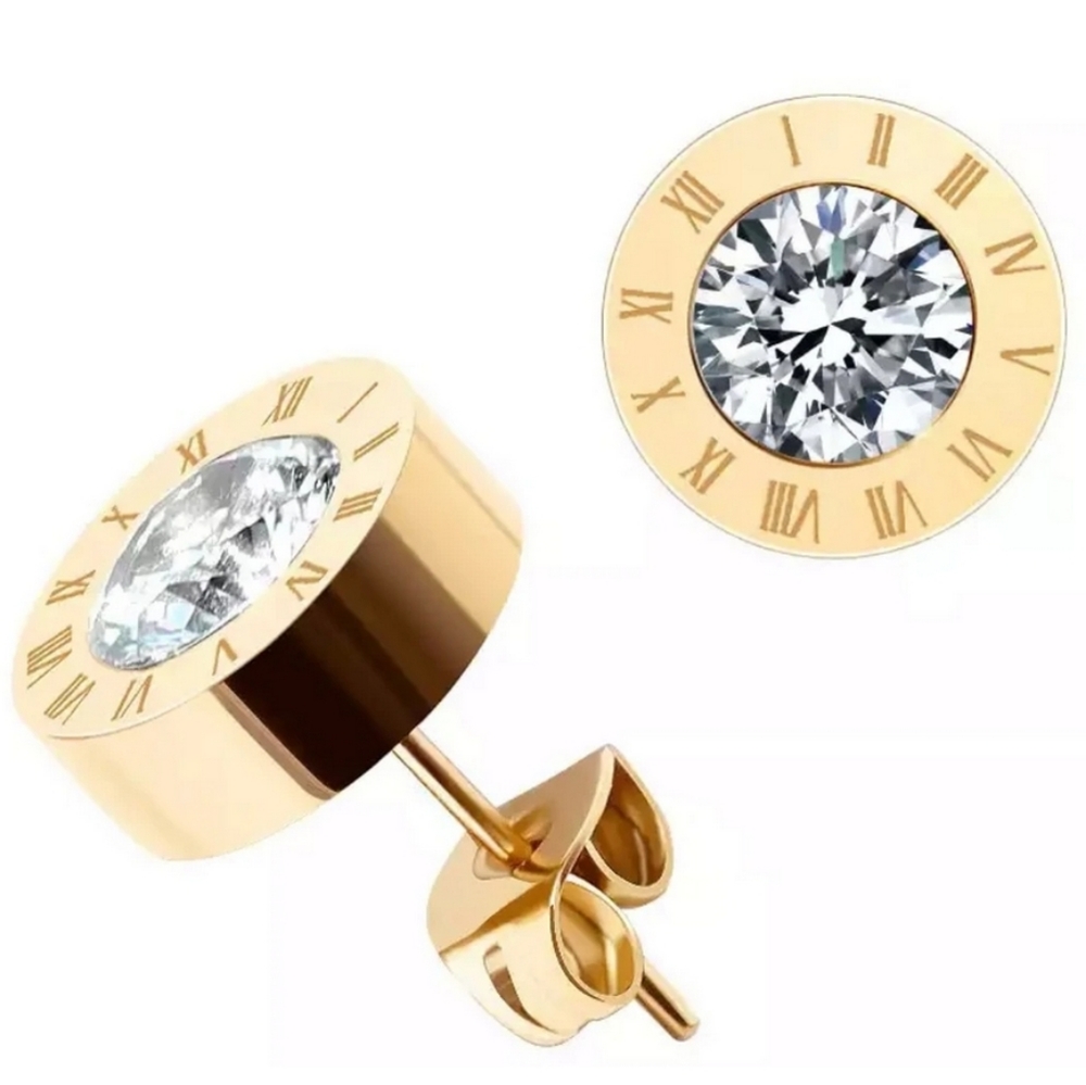 Gold stud earrings rhinestone Roman numerals stainless steel elegant - Picture 7 of 8
